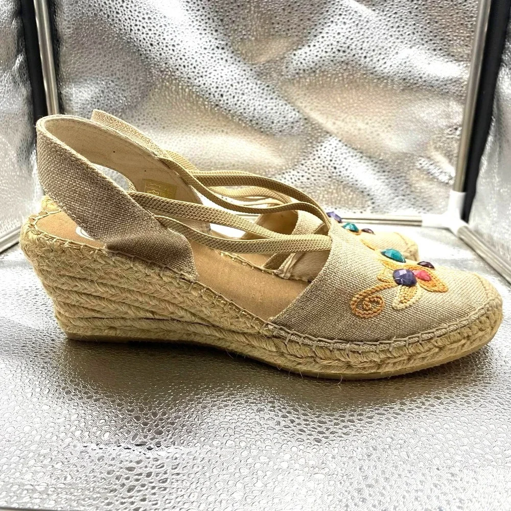 Vidorreta Espadrille Wedge Sandal Shoes Women 11 Beige Linen Gemstone Boho Spain
